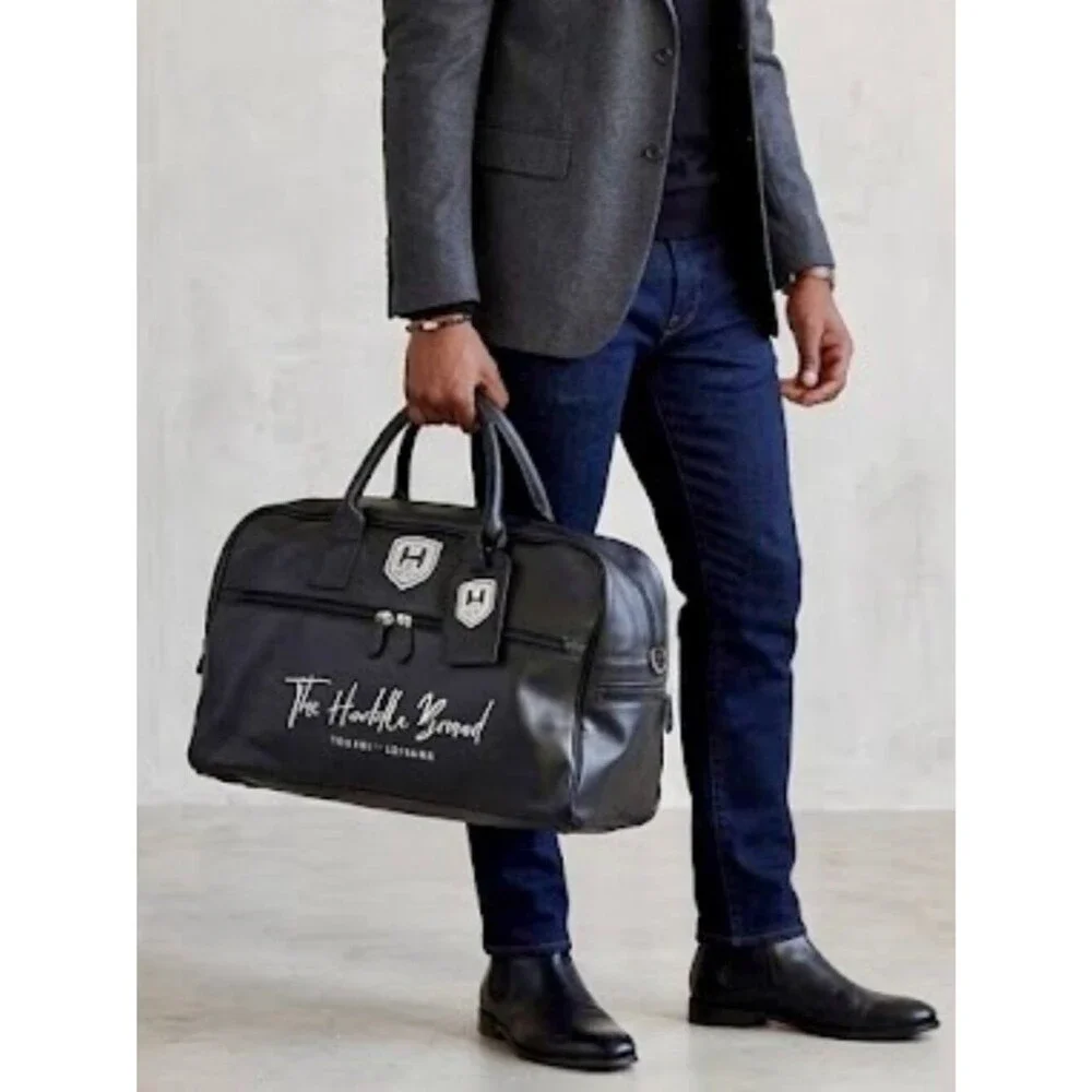 The Huddle Brand Black Leather Duffel Bag Weekender Travel Carry On Gym